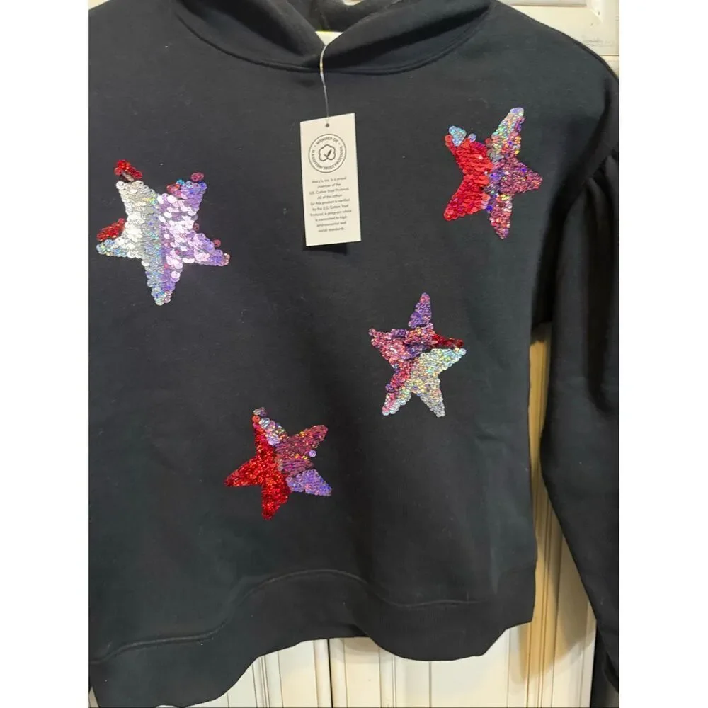 Epic Threads Girls Sequin Stars Hooded Pullover Sweatshirt Black Medium NWT